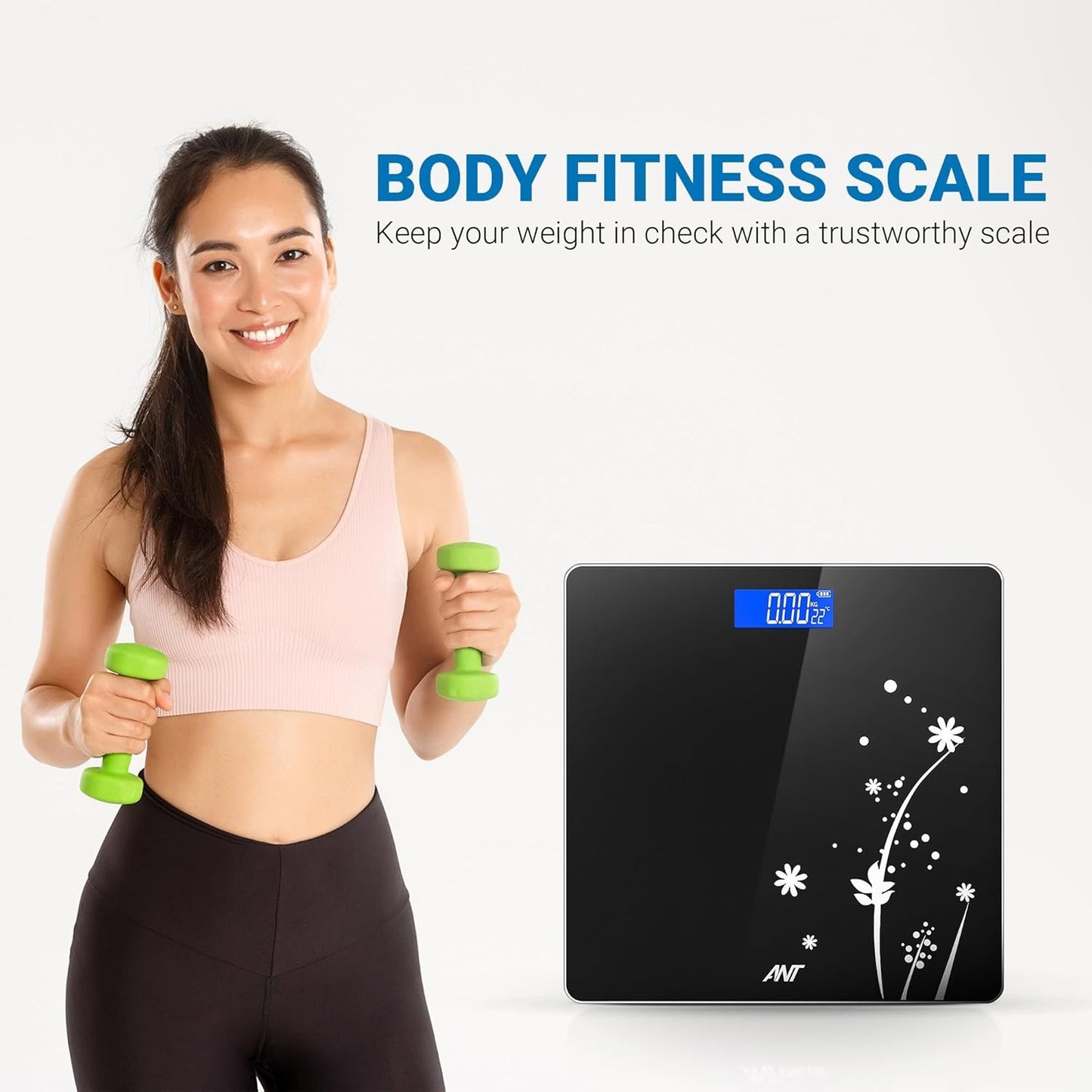 ANT Flora Bud Digital Scale – Highly Accurate Bathroom Body Weight Scale, 180Kg Capacity, LCD Display