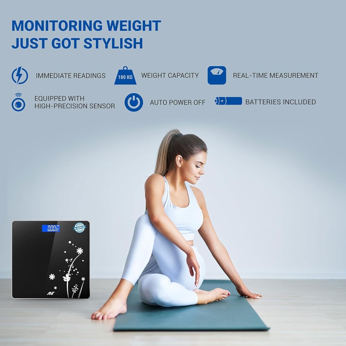 ANT Flora Bud Digital Scale – Highly Accurate Bathroom Body Weight Scale, 180Kg Capacity, LCD Display