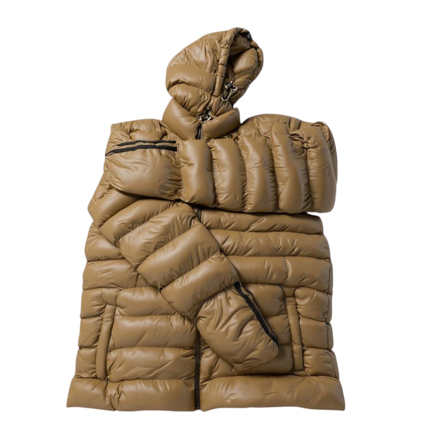 Winter Jacket with Hood – Beige Puffer Coat with Striped Trim | Warm Quilted Down Jacket for Cold Weather