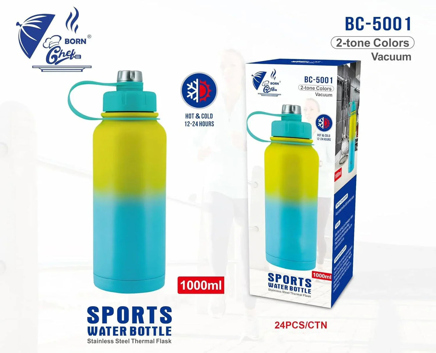 Multicolor Sports Water Bottle – 1000ML Stainless Steel Bottle