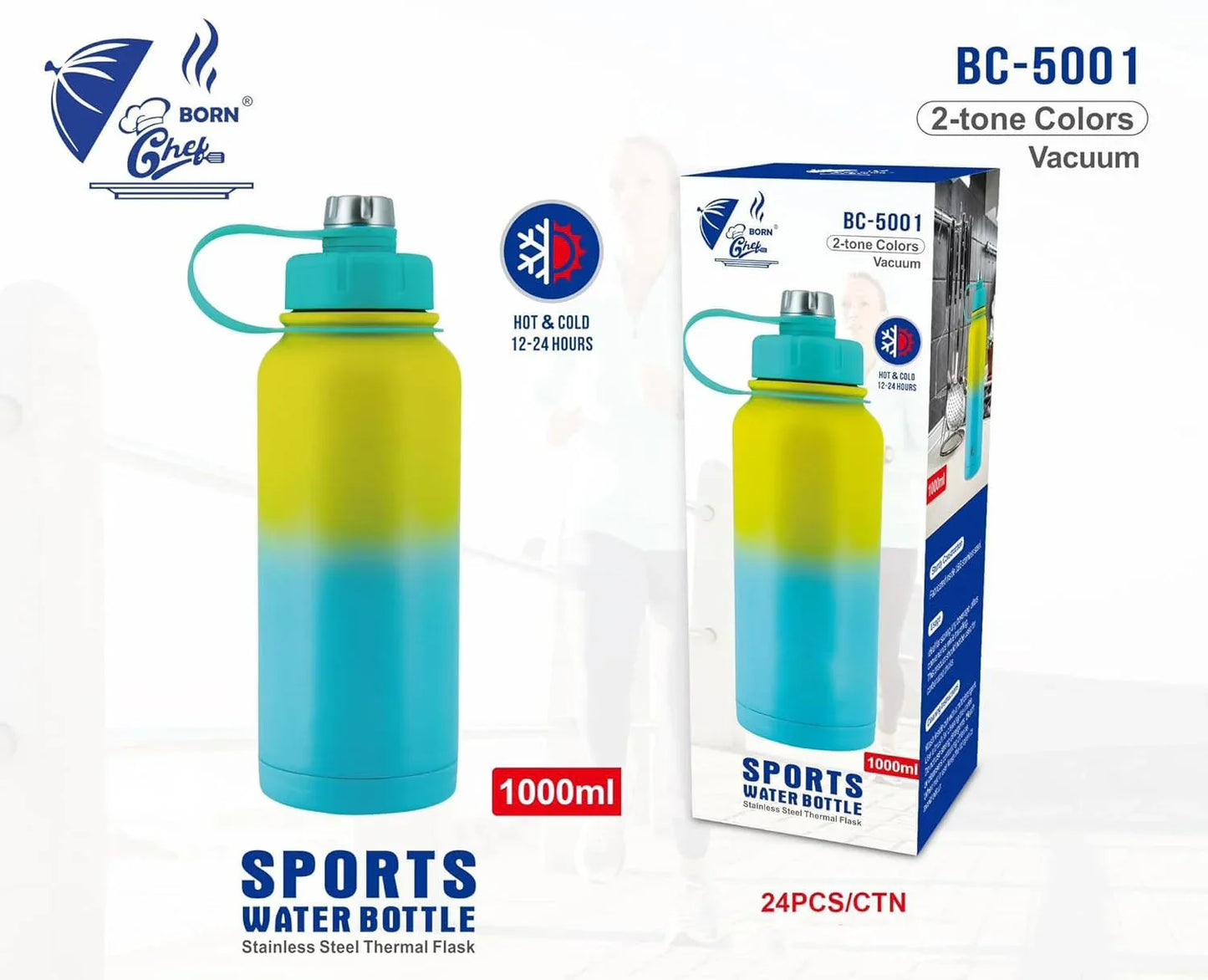 Multicolor Sports Water Bottle – 1000ML Stainless Steel Bottle