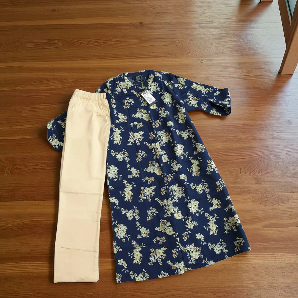 Blue Floral Design Kurta Plazo Set for Women – Cotton, L Size