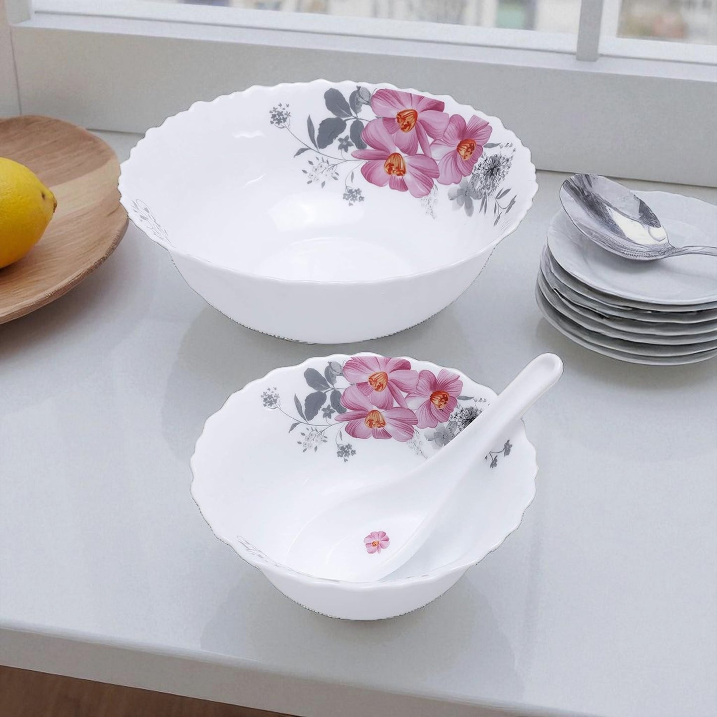Born Chef Pack of 33 Opalware White Ceramic Dinner Set – 33 Pc Oval Striped Design