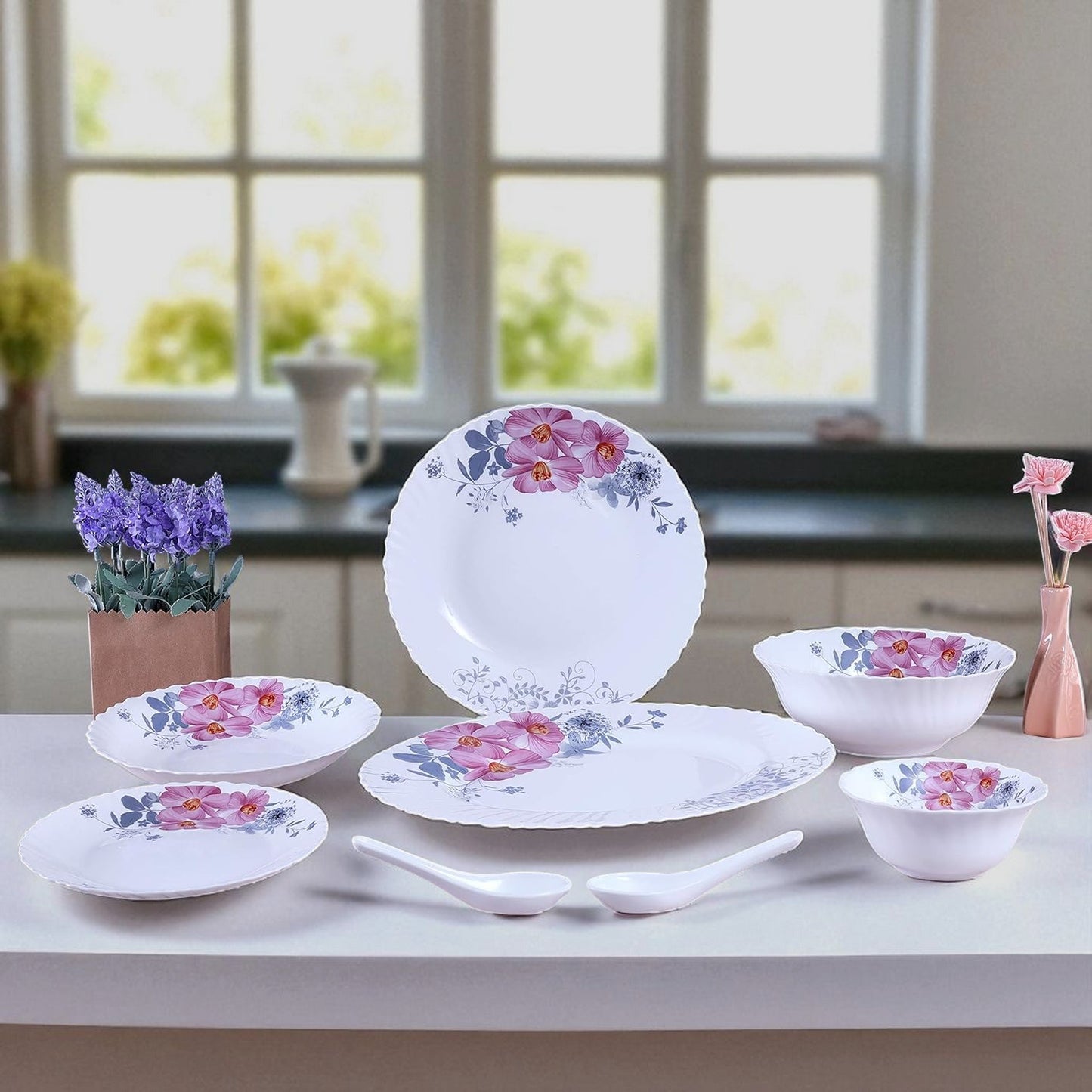 Born Chef Pack of 33 Opalware White Ceramic Dinner Set – 33 Pc Oval Striped Design
