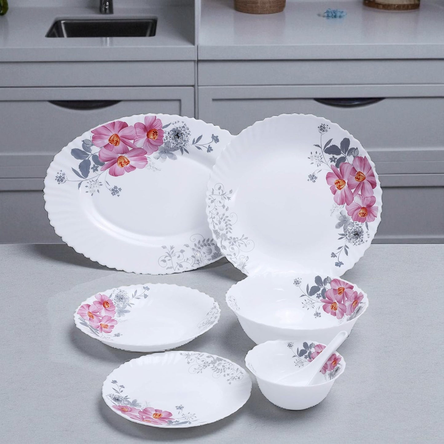 Born Chef Pack of 33 Opalware White Ceramic Dinner Set – 33 Pc Oval Striped Design