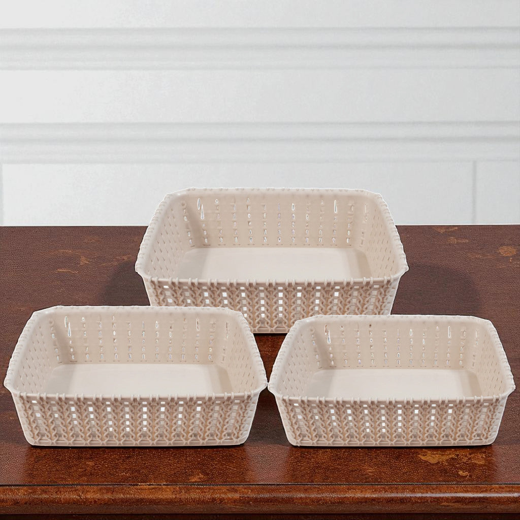 Brown Mini Woven Storage Baskets – Rectangular Plastic Organizer (Pack of 3)