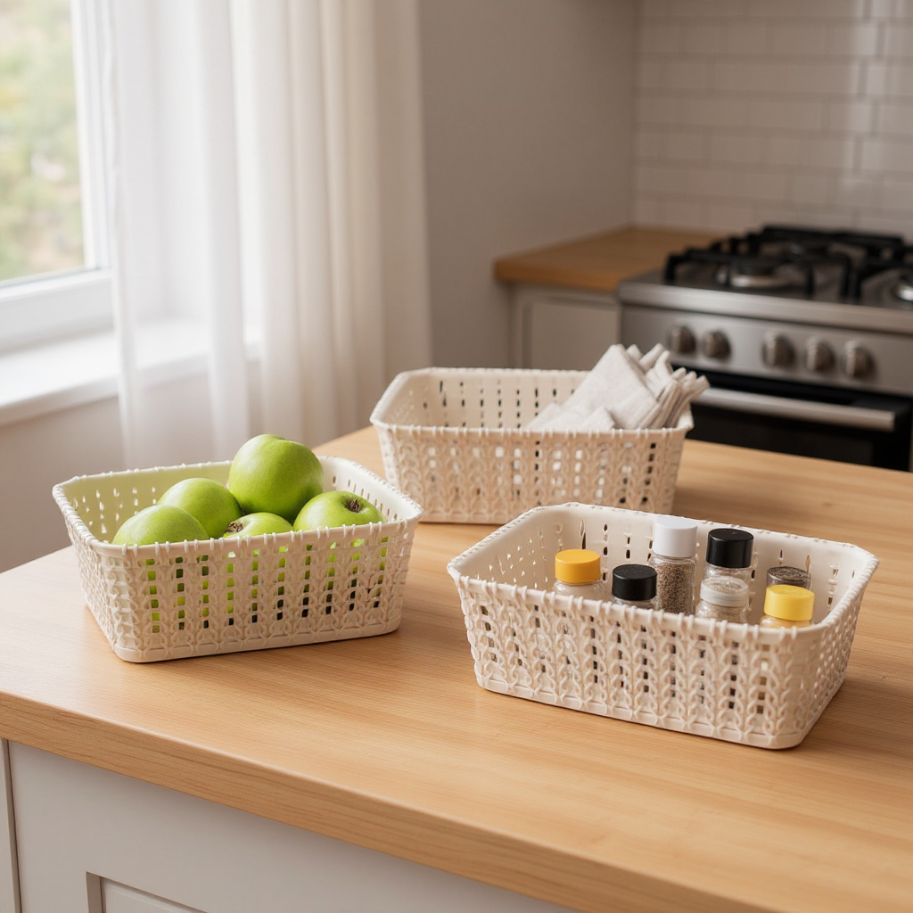 Brown Mini Woven Storage Baskets – Rectangular Plastic Organizer (Pack of 3)