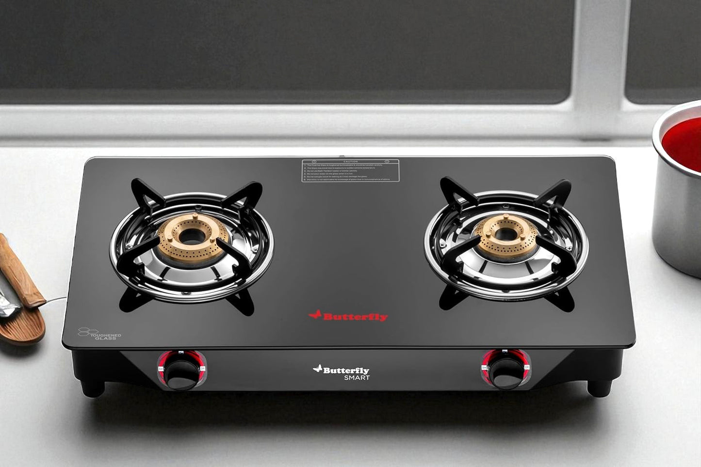 Butterfly Smart 2 Burner Glass Top Gas Stove | Manual Ignition, Brass Burners