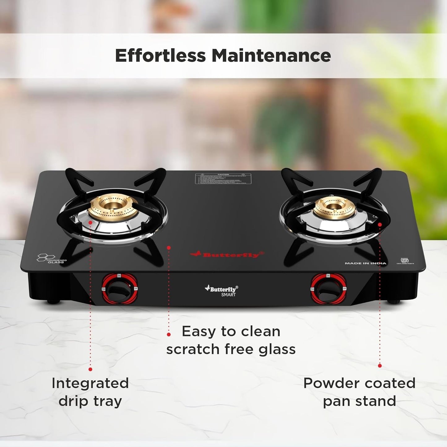 Butterfly Smart 2 Burner Glass Top Gas Stove | Manual Ignition, Brass Burners