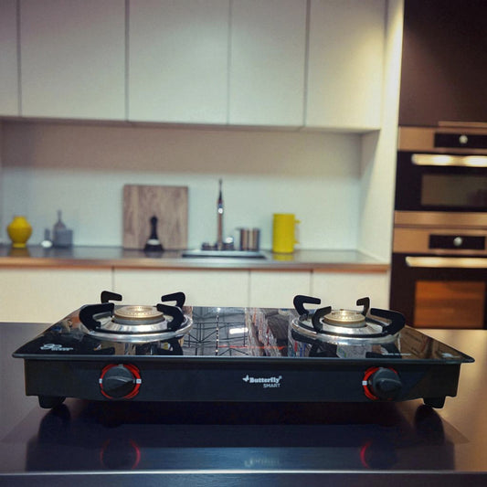 Butterfly Smart 2 Burner Glass Top Gas Stove | Manual Ignition, Brass Burners