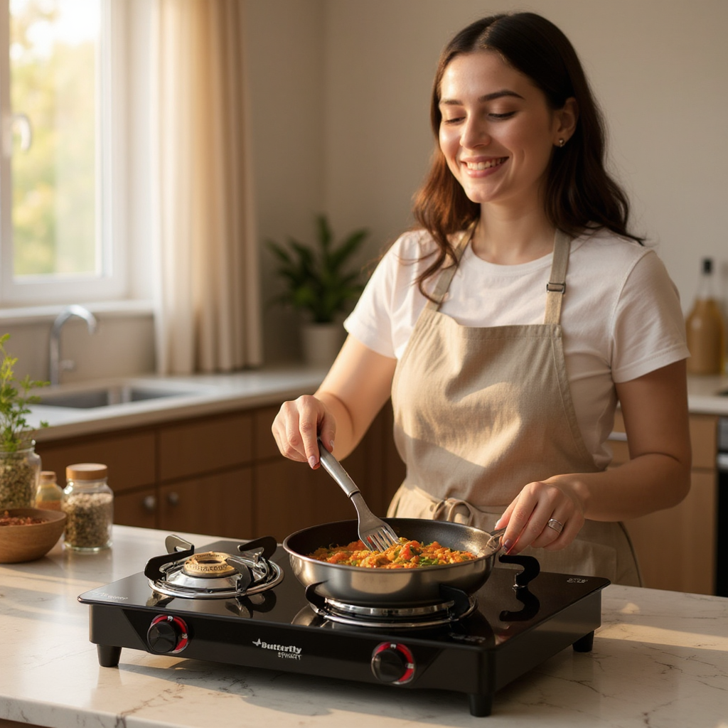 Butterfly Smart 2 Burner Glass Top Gas Stove | Manual Ignition, Brass Burners