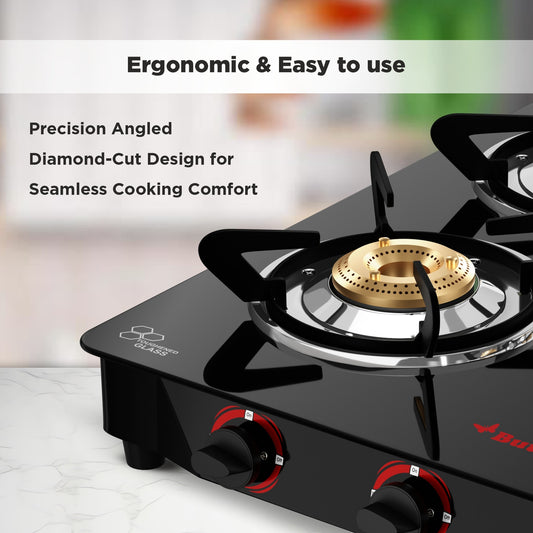 Butterfly Rapid 4 Burner Glass Top Gas Stove | Manual Ignition, Brass Burners, Black