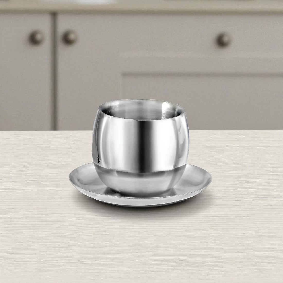 Stainless Steel 4 PCS Double Wall Cup & Saucer Set – Premium SS Cup Set for Tea & Coffee