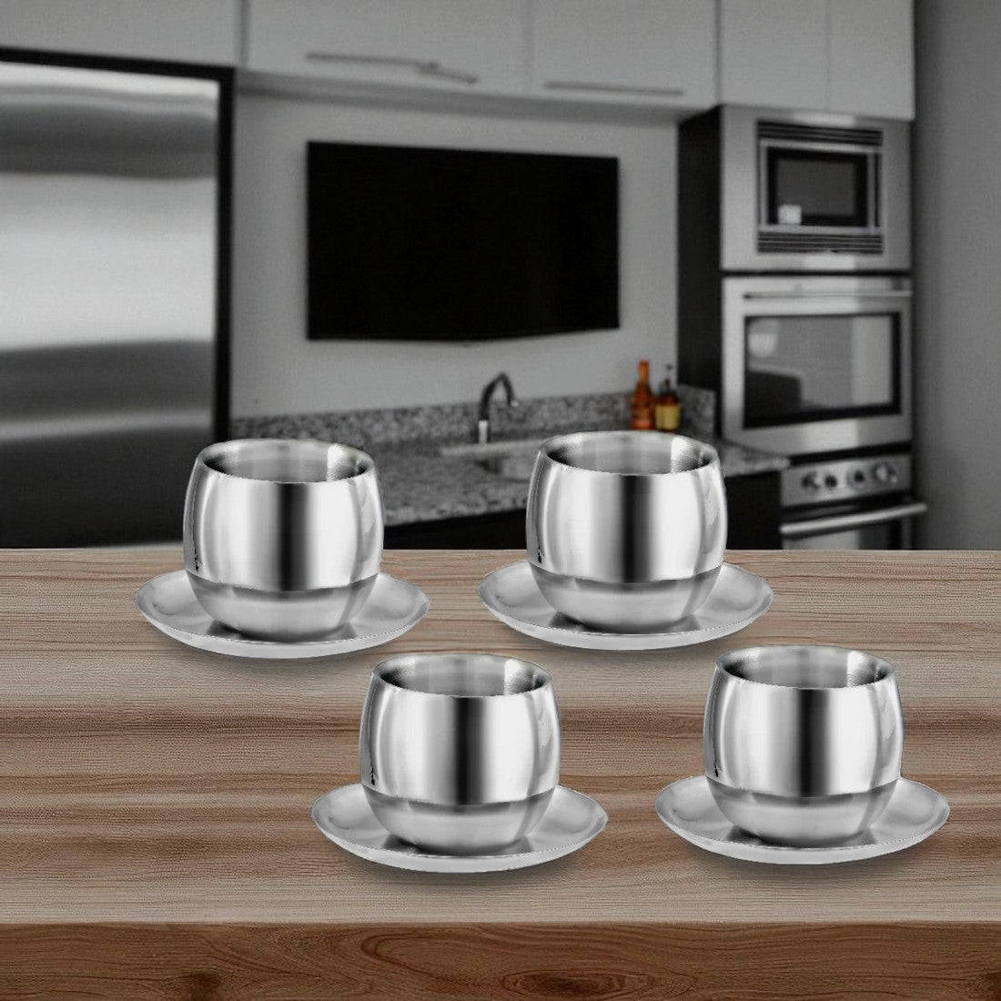 Stainless Steel 4 PCS Double Wall Cup & Saucer Set – Premium SS Cup Set for Tea & Coffee