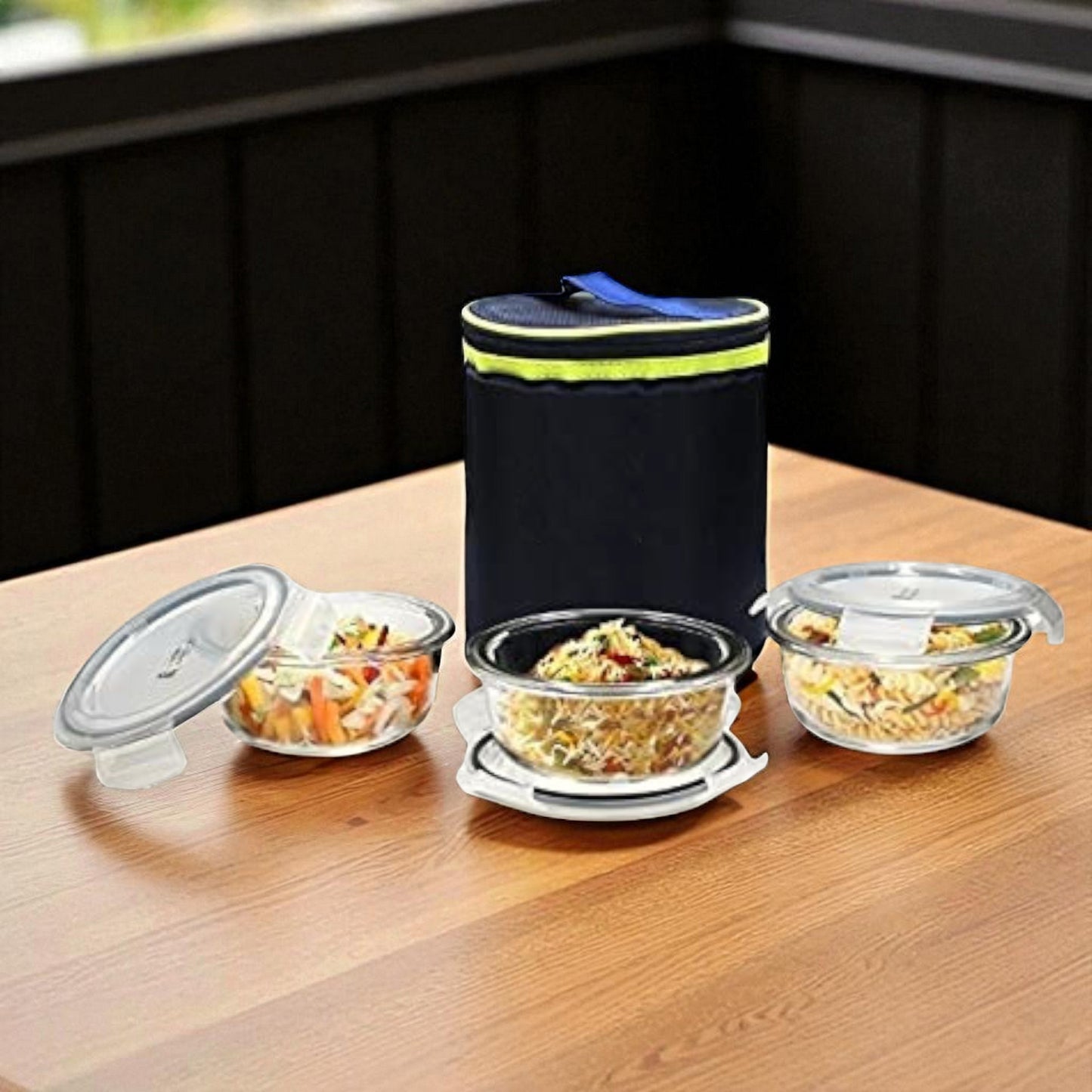 Borosilicate Glass Lunch Box – 3 Pcs Set with Bag | 400ml Each, Glass Lunch Box for Office