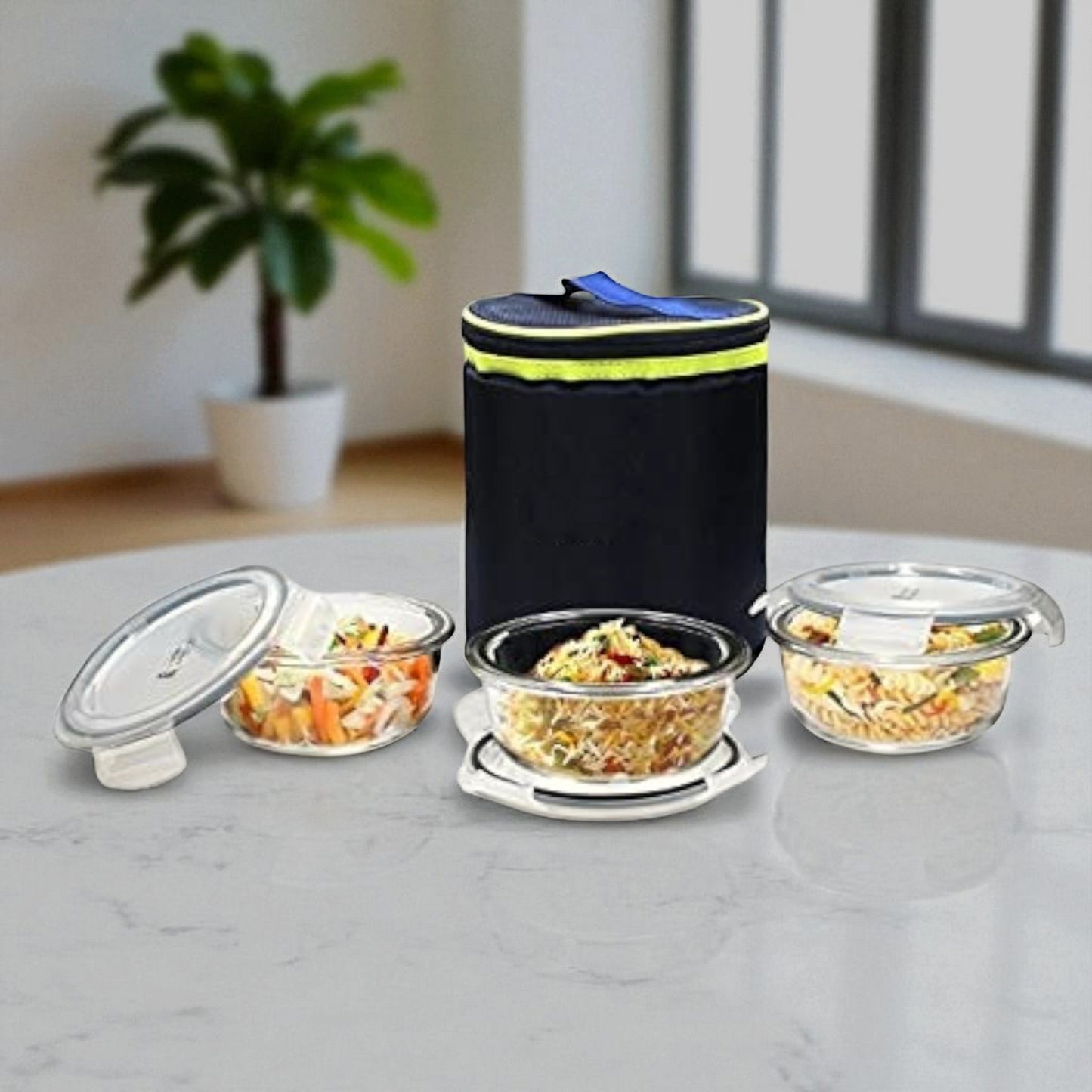 Borosilicate Glass Lunch Box – 3 Pcs Set with Bag | 400ml Each, Glass Lunch Box for Office