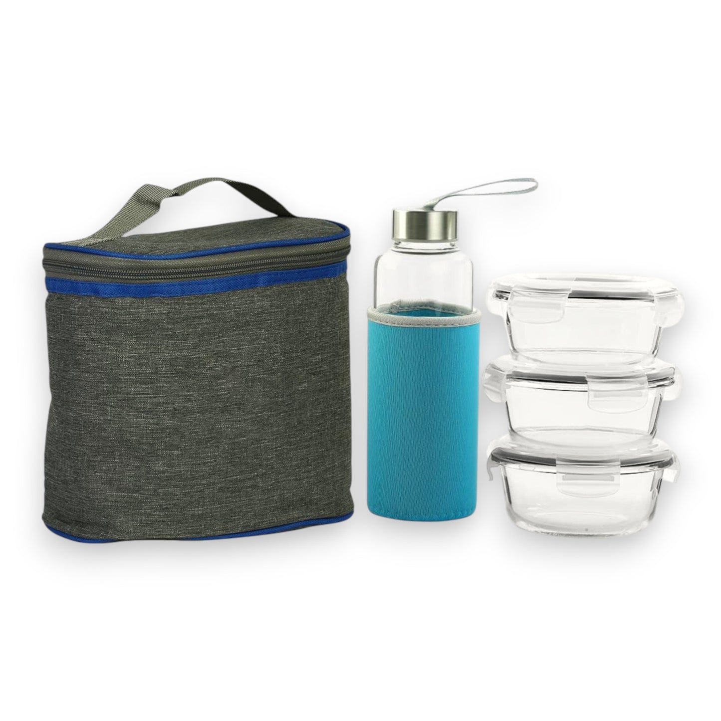 Clear Borosilicate Glass Lunch Box Set – 3 PC Round 400ml + 1 Bottle | Microwave Safe, Glass Lunch Box for Office Use