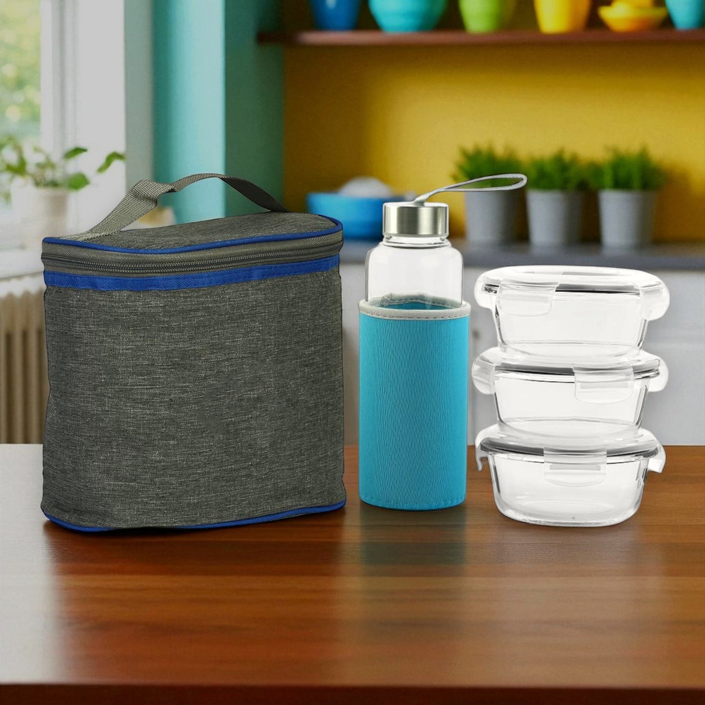 Clear Borosilicate Glass Lunch Box Set – 3 PC Round 400ml + 1 Bottle | Microwave Safe, Glass Lunch Box for Office Use