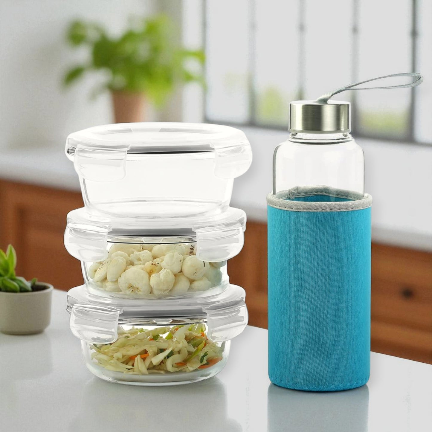 Clear Borosilicate Glass Lunch Box Set – 3 PC Round 400ml + 1 Bottle | Microwave Safe, Glass Lunch Box for Office Use