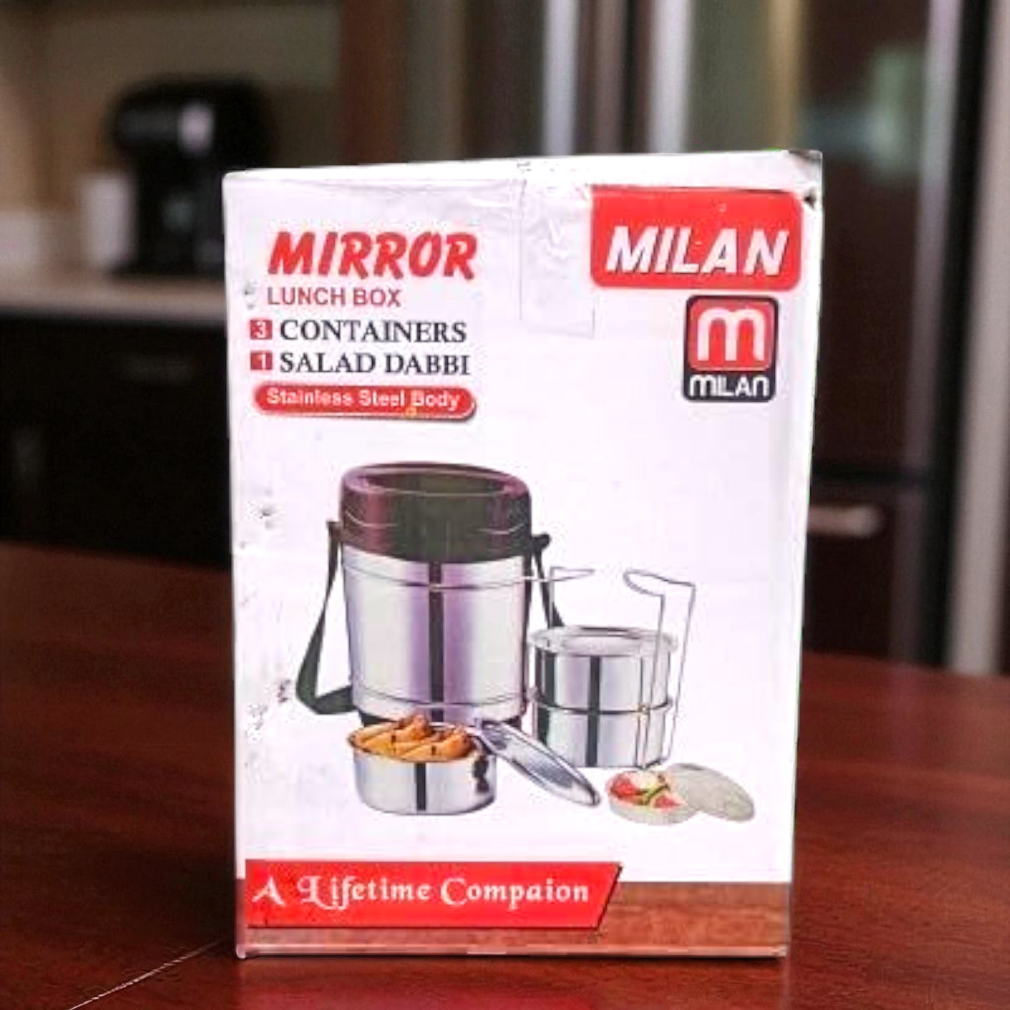 Milan Mirror Lunch Box with 3 Containers + 1 Salad Dabbi – Stainless Steel Three Compartment Lunch Box