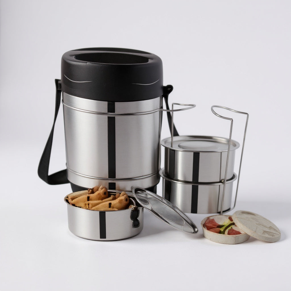 Milan Mirror Lunch Box with 3 Containers + 1 Salad Dabbi – Stainless Steel Three Compartment Lunch Box