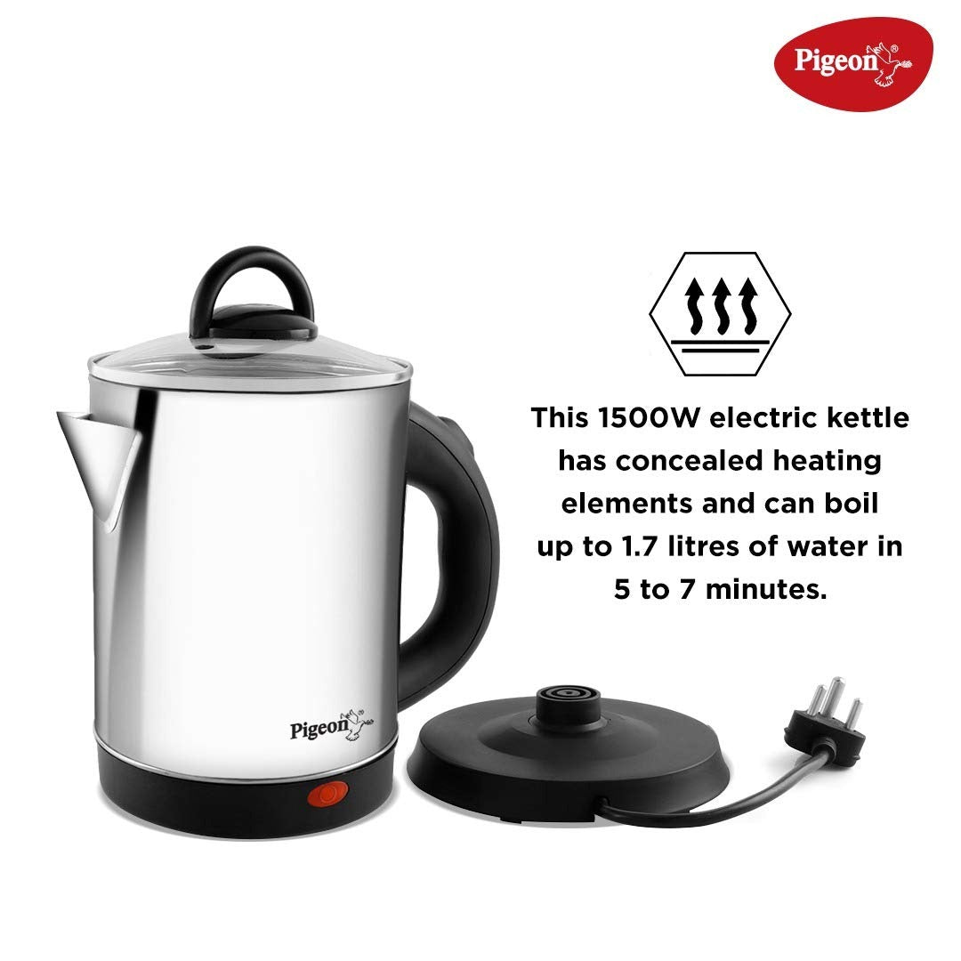Pigeon Quartz Electric Kettle 1.7 Litre, 1500W | Stainless Steel Body, Silver