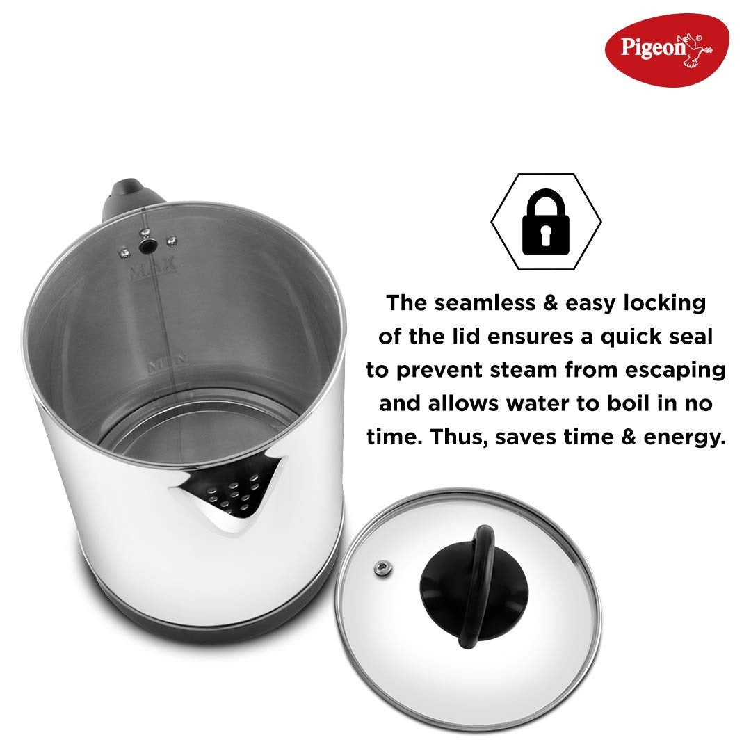 Pigeon Quartz Electric Kettle 1.7 Litre, 1500W | Stainless Steel Body, Silver