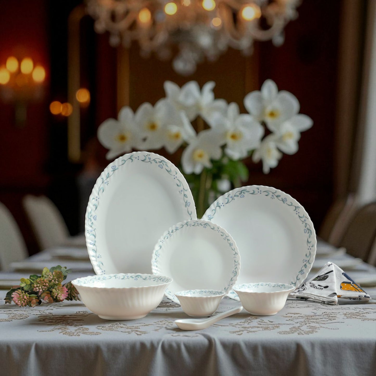 Sanjeev Kapoor Pack of 33 Opalware White Feston Shape Dinner Set – 33 Pc Premium Dinnerware