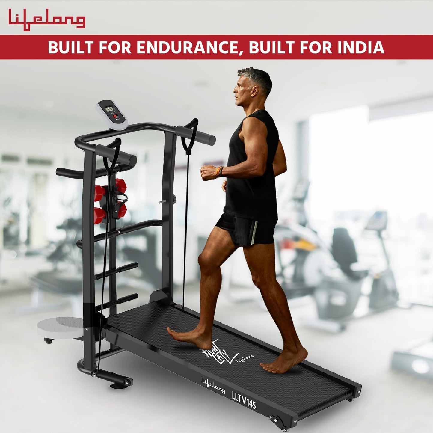 Foldable Treadmill – Manual Treadmill with 2 Incline Levels | 100 Kg Capacity (Black)