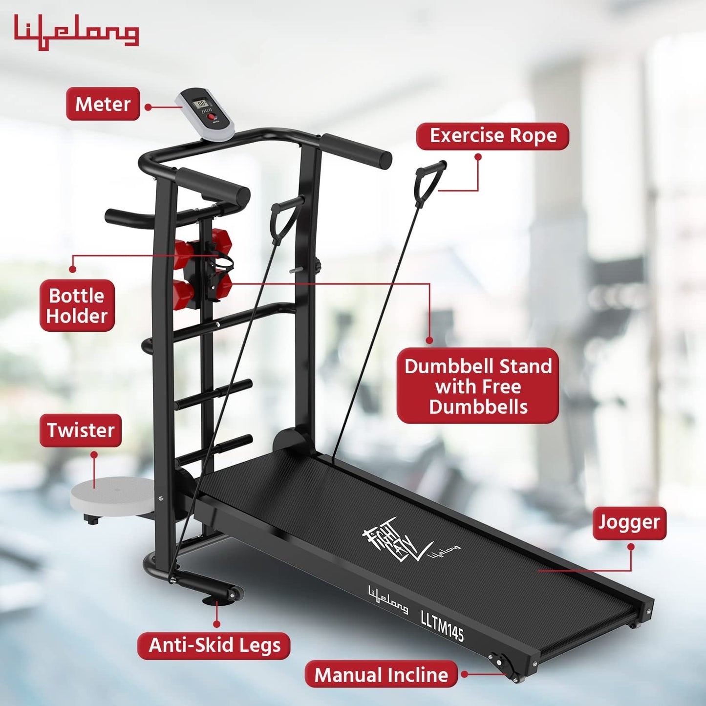 Foldable Treadmill – Manual Treadmill with 2 Incline Levels | 100 Kg Capacity (Black)