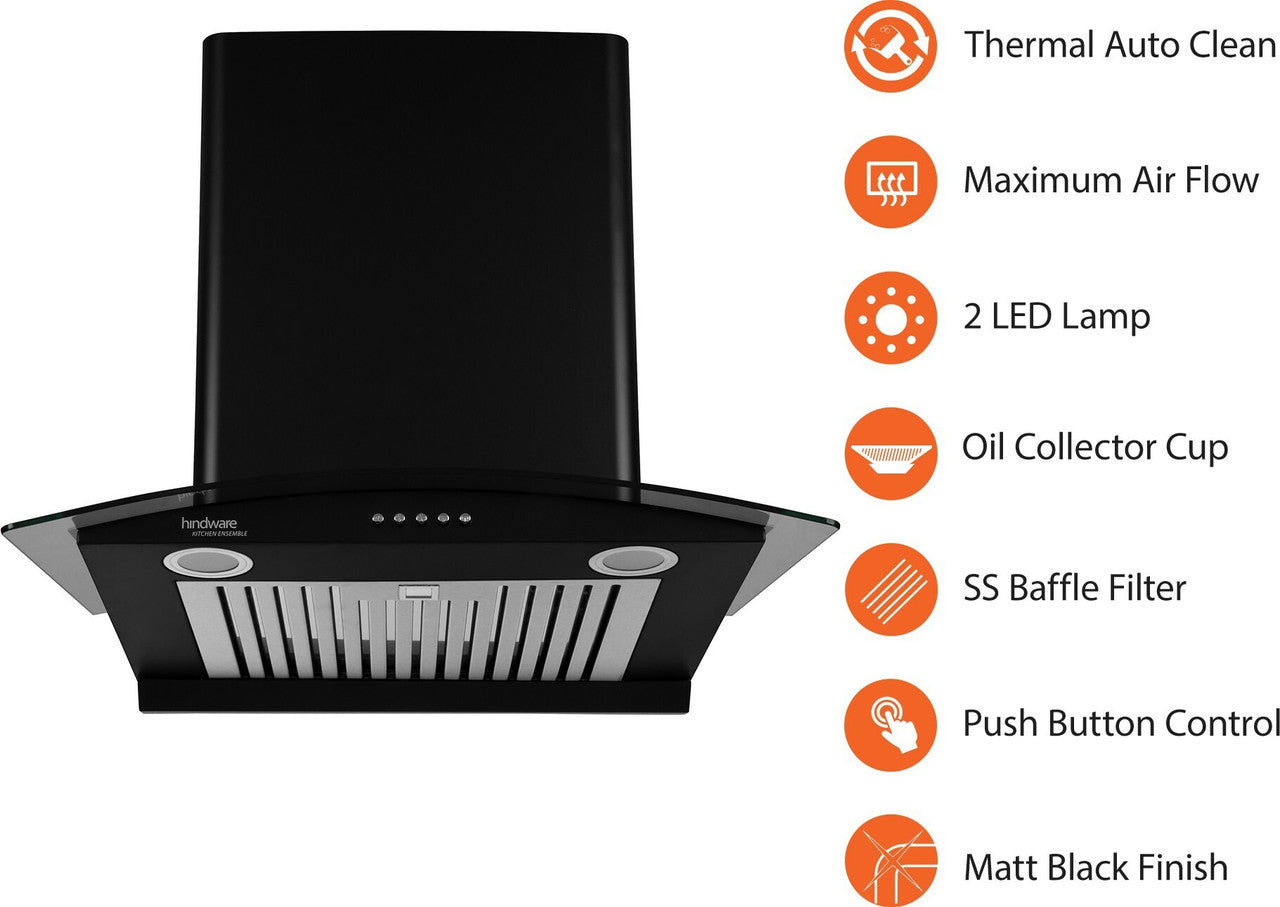 Hindware Kitchen Chimney – 60cm Wall Mounted Auto Clean Chimney Black