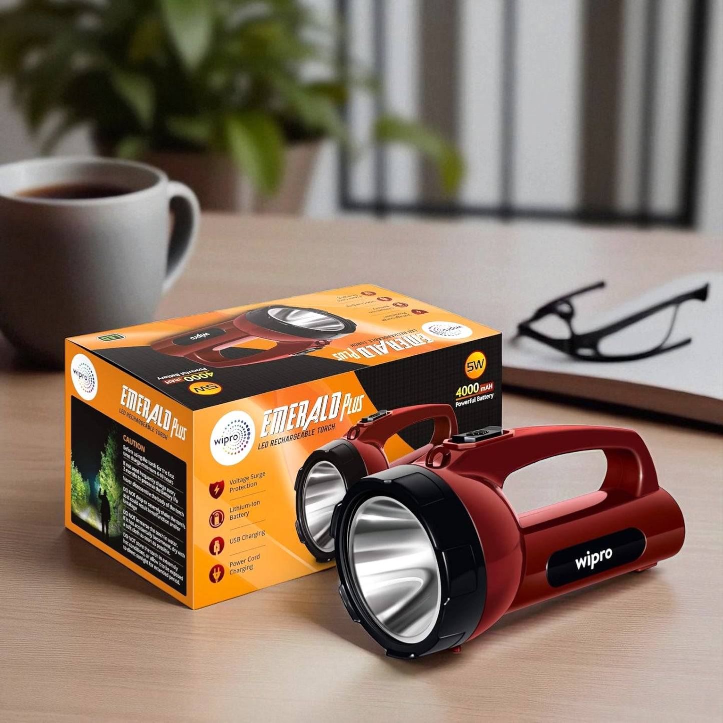 Wipro Emerald Plus Rechargeable Torch | 4000mAh Battery, 16H Backup
