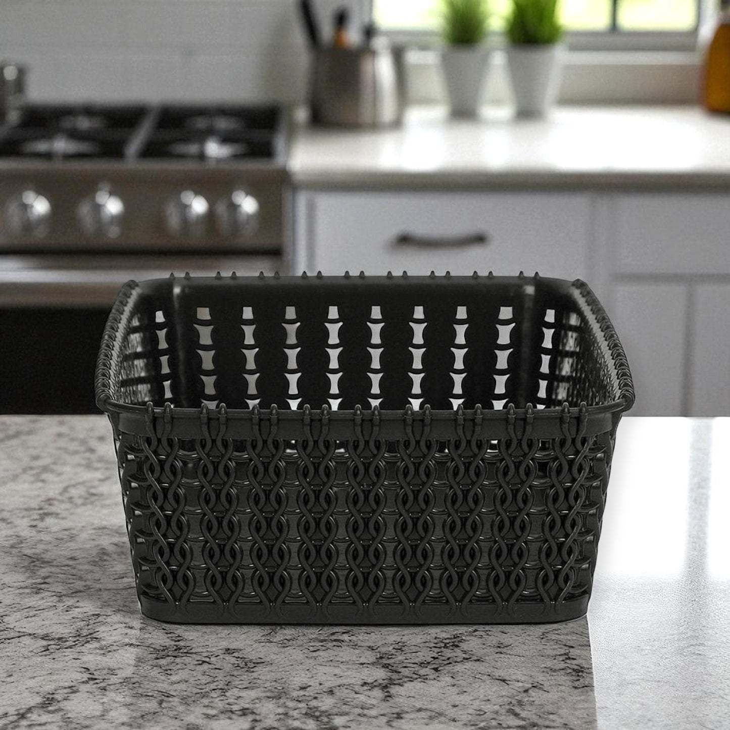 Mini Black Multipurpose Sturdy Woven Storage Baskets – Rectangular Plastic Organizer (Pack of 3)