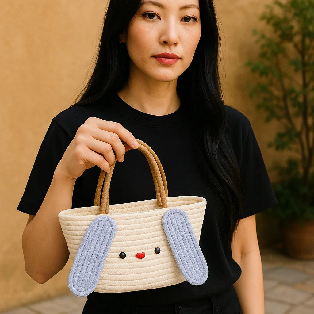 Beige Cotton Woven Bucket Handbag – Casual Shoulder Bag for Women | Handcrafted Purse