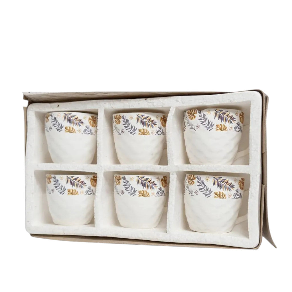 Leaf Tea Cups - White Tea Cup Set of 6 | Leaf Designed Lightweight Cup Set