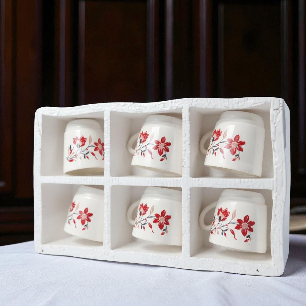 Flower Tea Cups - White Tea Cup Set of 6 | Lotus Design, Lightweight