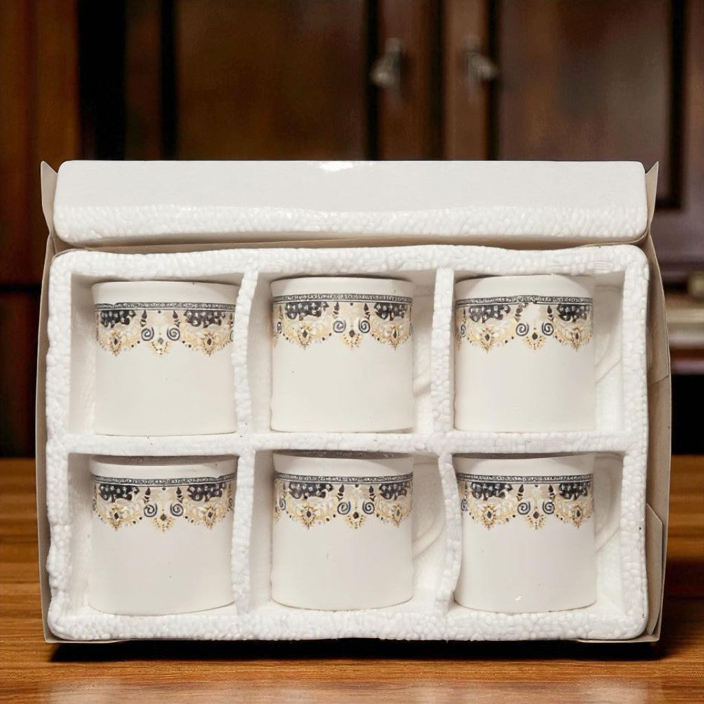 White Tea Cup Set - Pack of 6 Leaf Design Cups