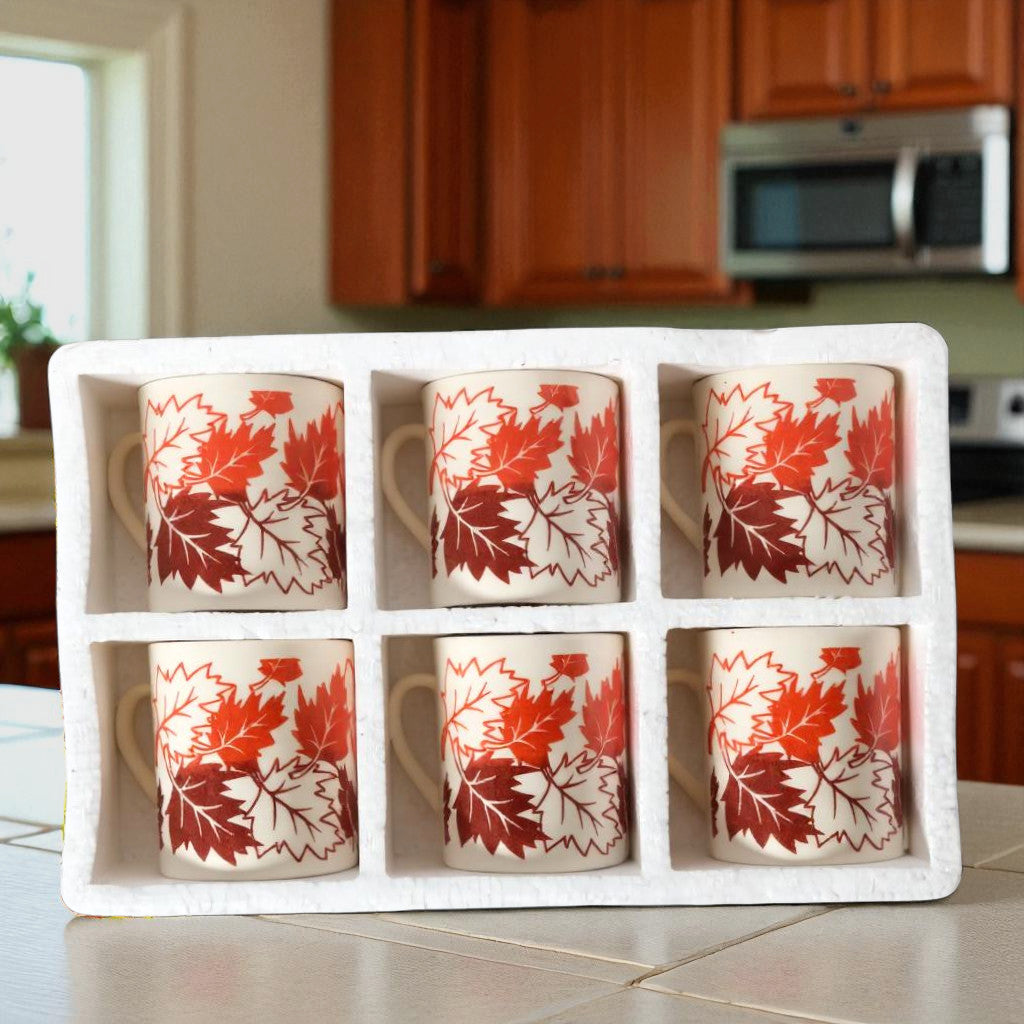 Red Leaf Design Ceramic Mug – Stylish Tea & Coffee Cup for Home, Set of 6
