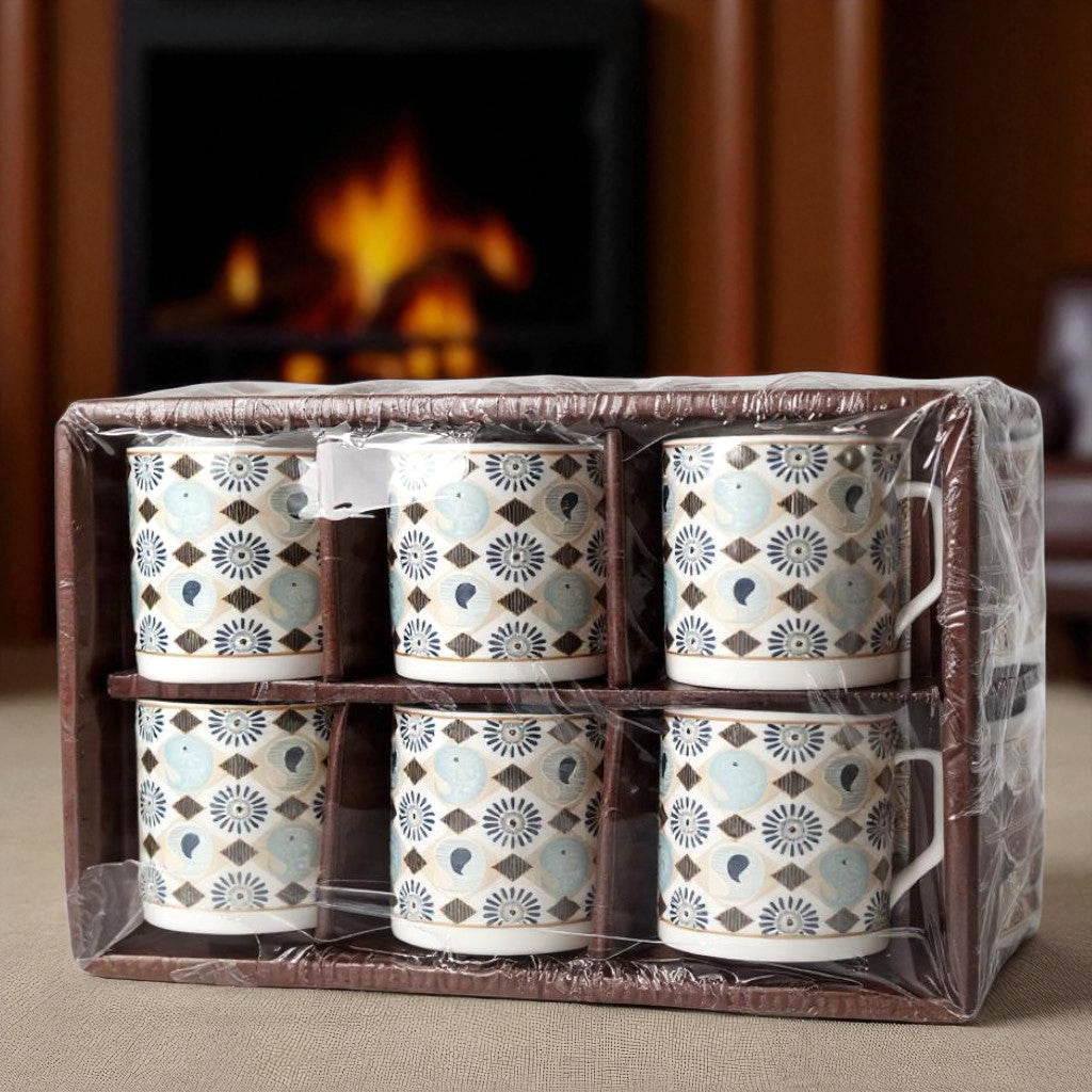 White Tea and Coffee Mugs – Set of 6 Geometric Multicolor Cups for Home, Office & Party