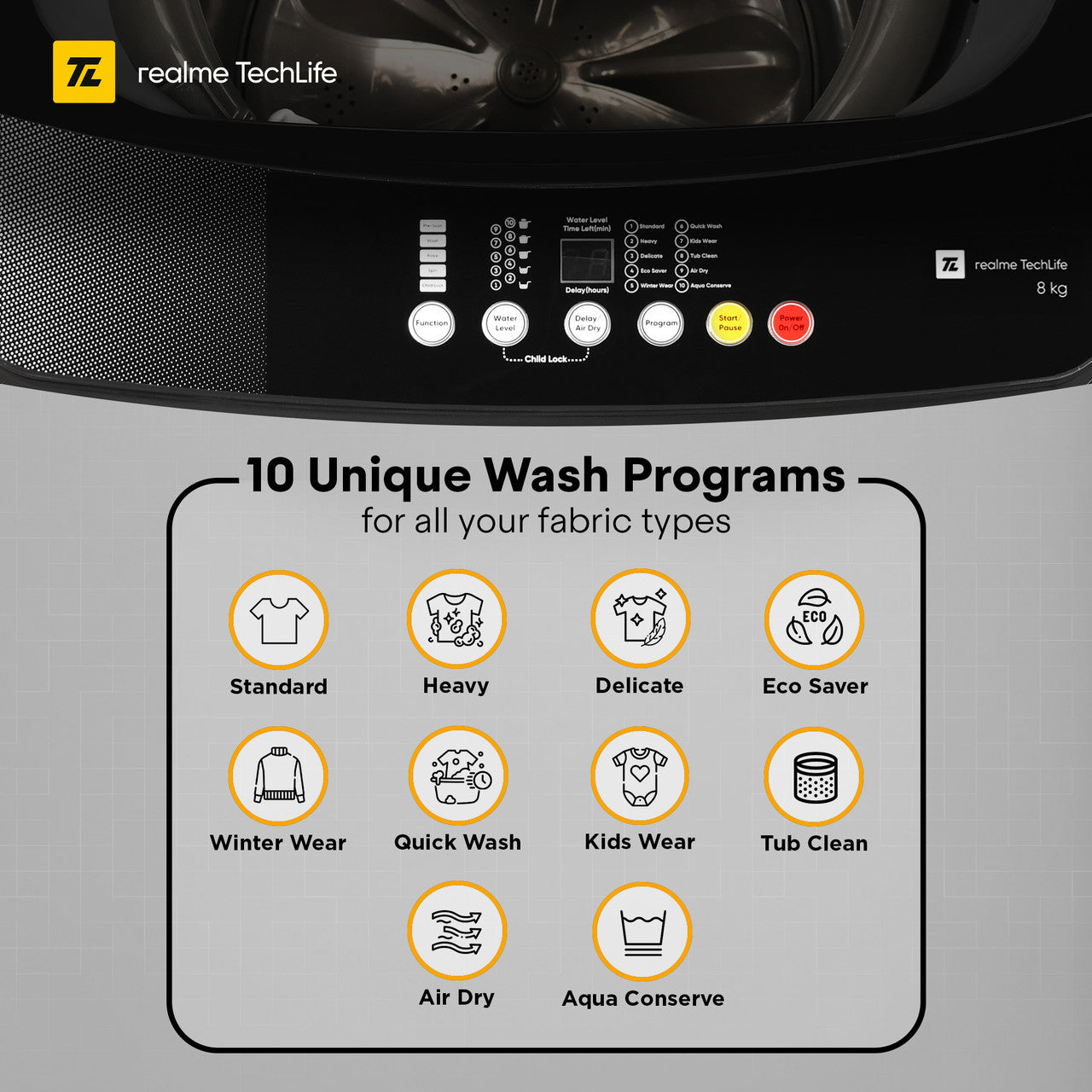 realme TechLife Washing Machine – 8 kg Fully Automatic Top Load (Grey, Tidal Wave Drum)
