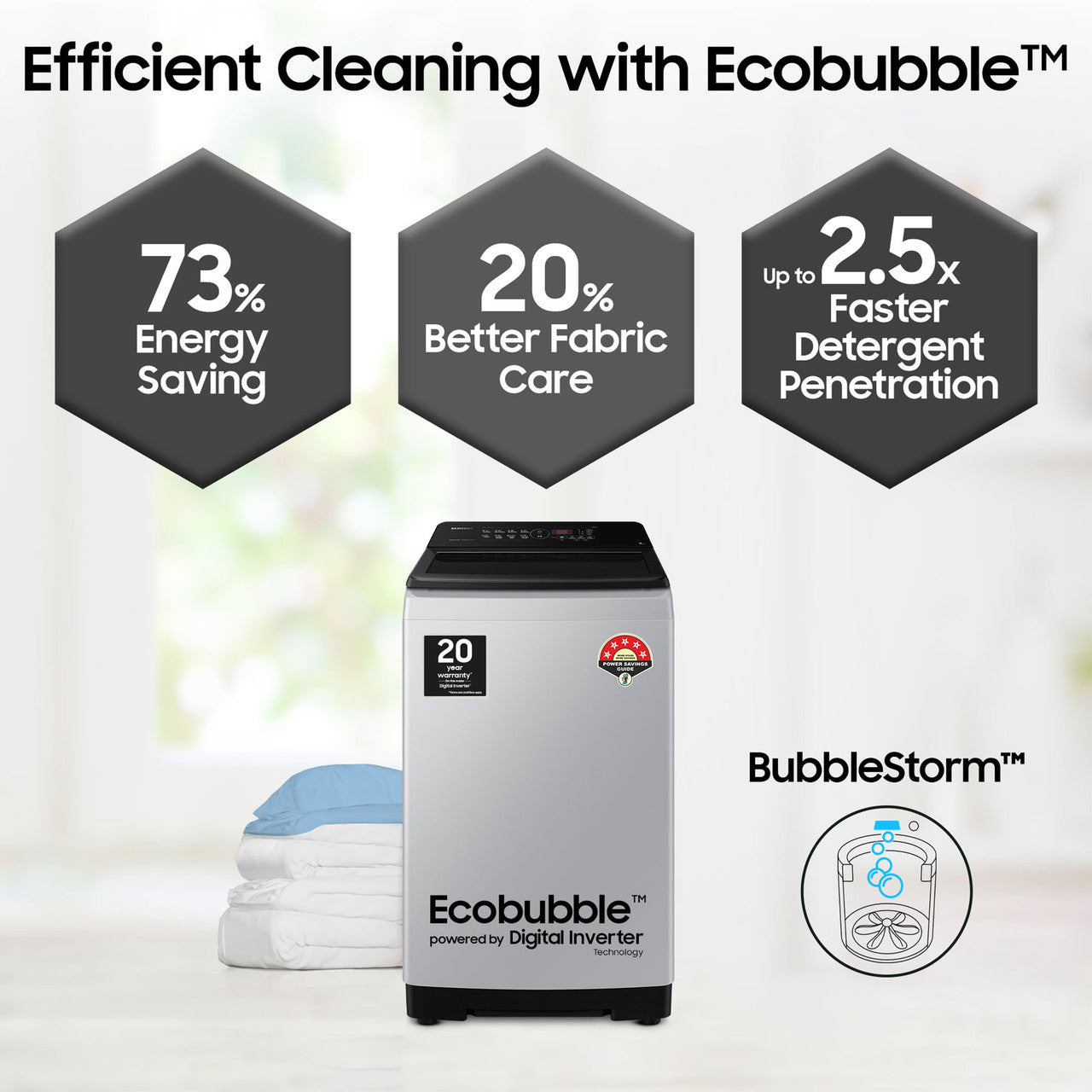 Samsung Fully Automatic Washing Machine 8kg – Top Load, Ecobubble, Inverter (Grey)
