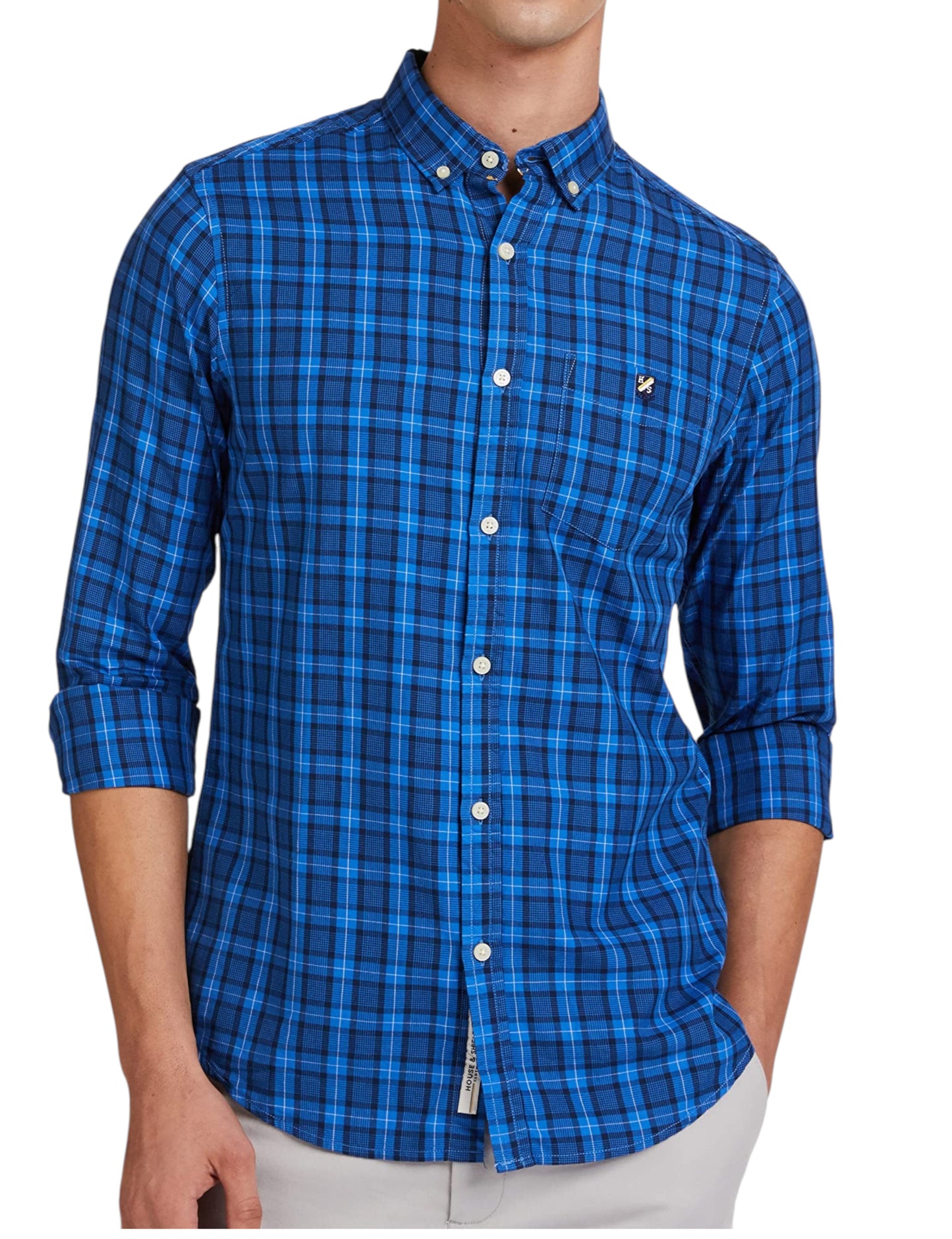 Blue Casual Shirt - Check Button Down Cotton Shirt for Men
