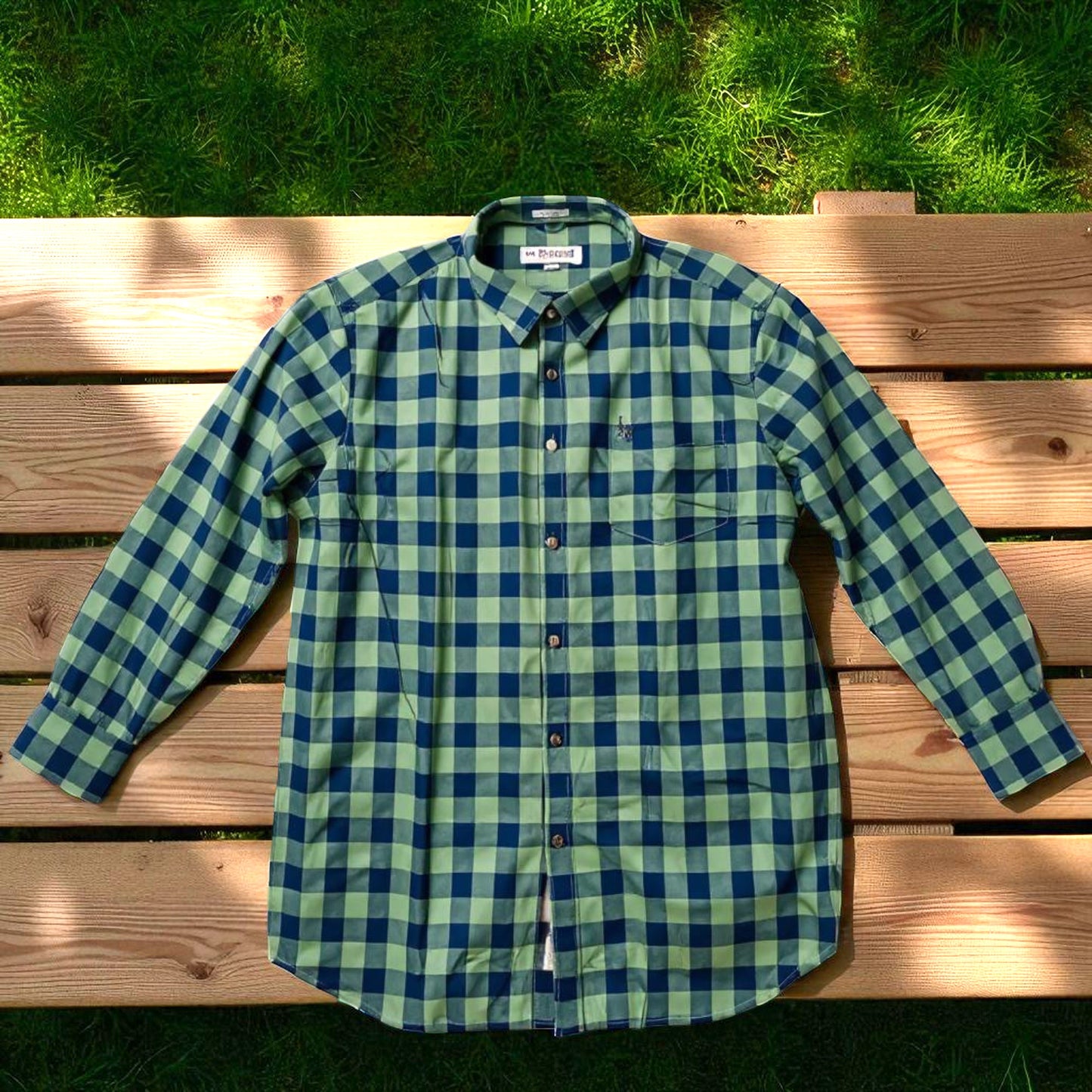 Men's Check Shirt – Green-Blue Raised Collar Regular Fit | Stretchable Full Sleeves