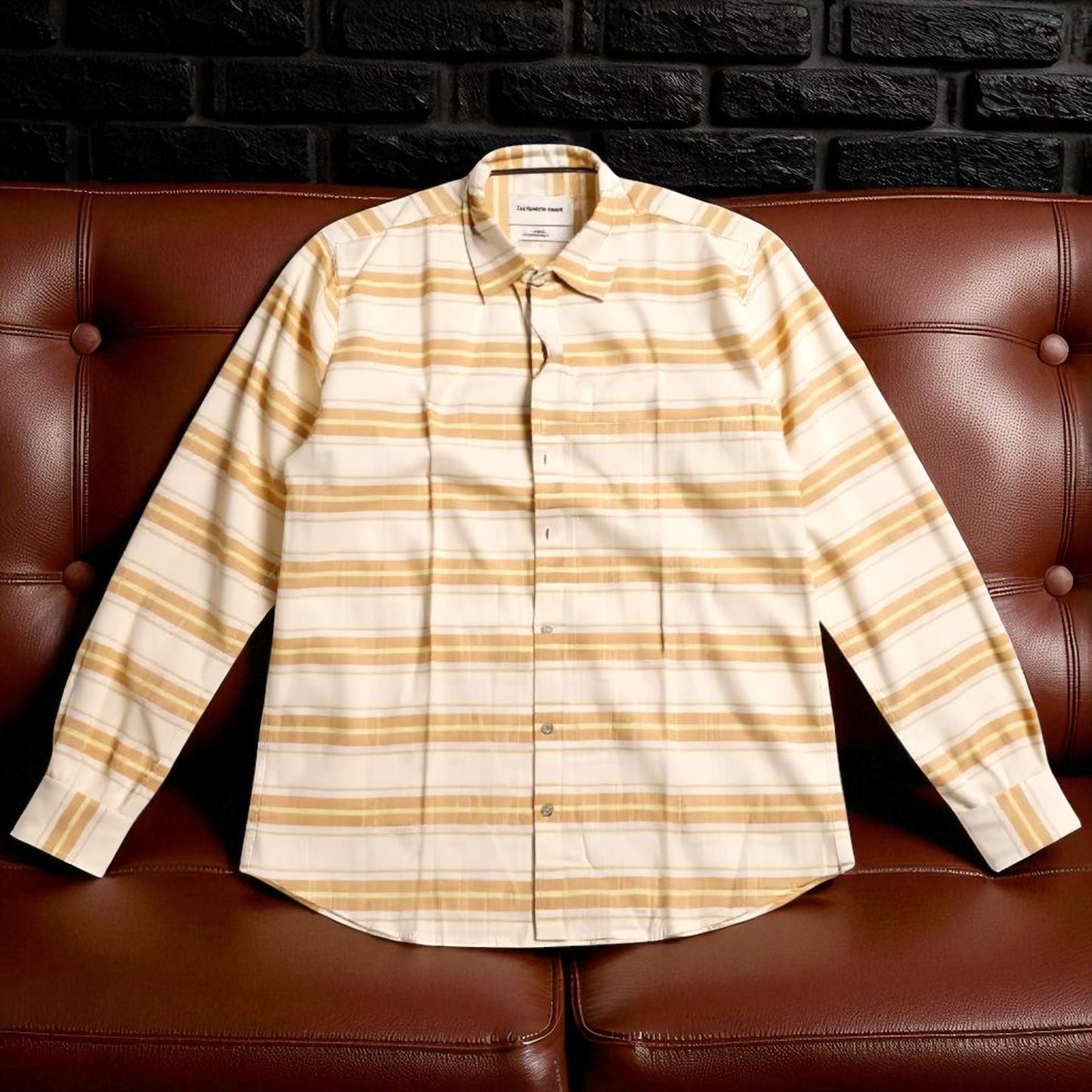 Men's Check Shirt –Yellow White Slim Fit with Raised Collar | Stretchable Long Sleeve