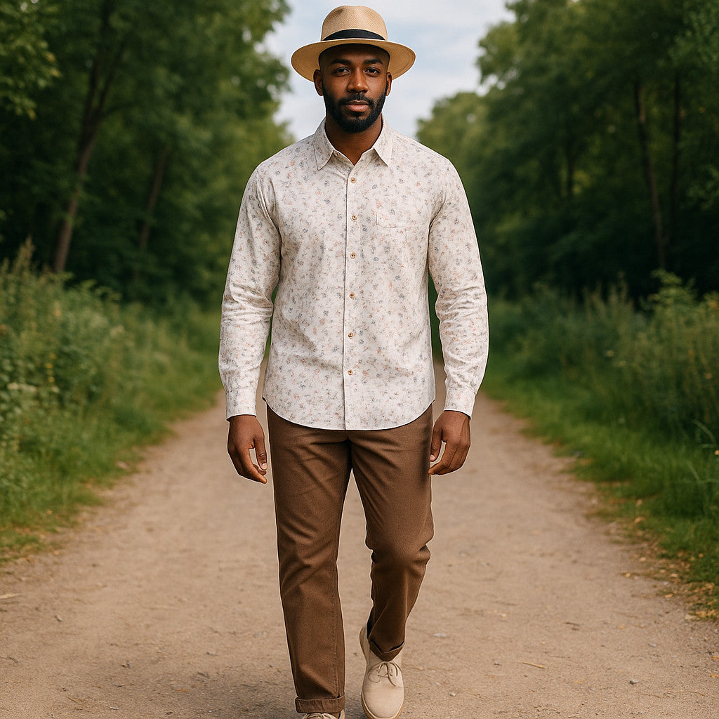 Floral Shirt for Men – White Regular Fit Long Sleeve Shirt | Stretchable & Stylish