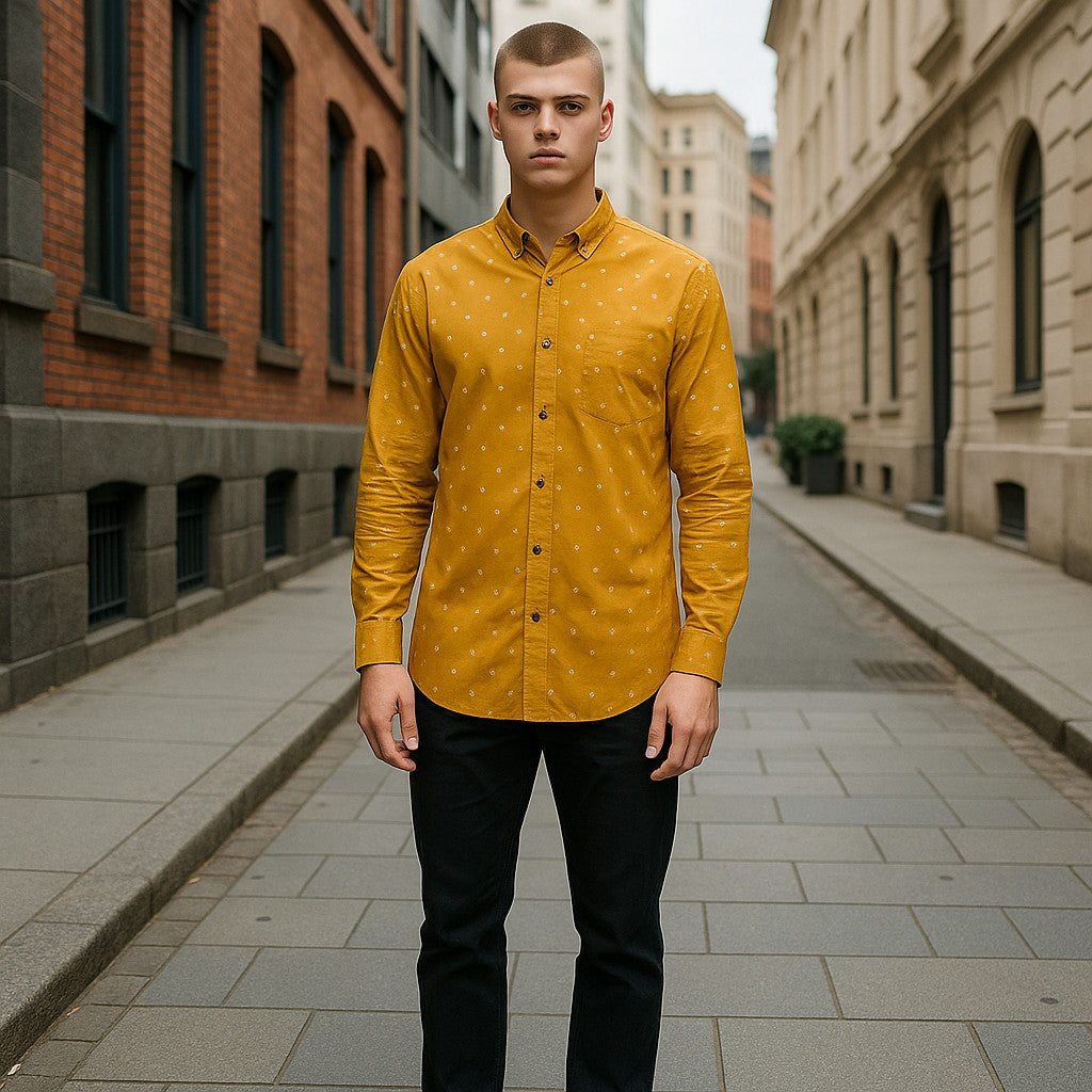 Yellow Floral Shirt for Men – XL Size Regular Fit | Long Sleeve & Stretchable Fabric