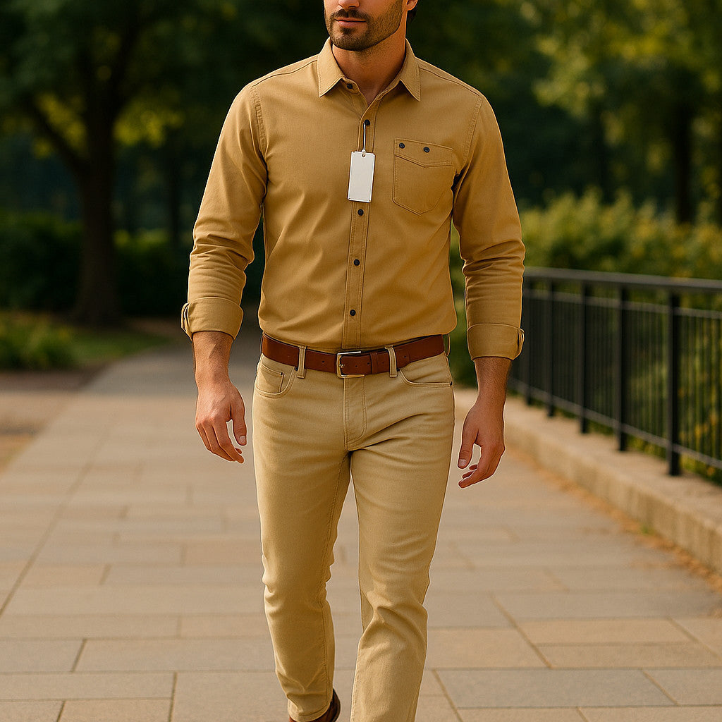 Men's Plain Shirt – Yellow Slim Fit with Raised Collar | Full Sleeves, Stretchable (M Size)