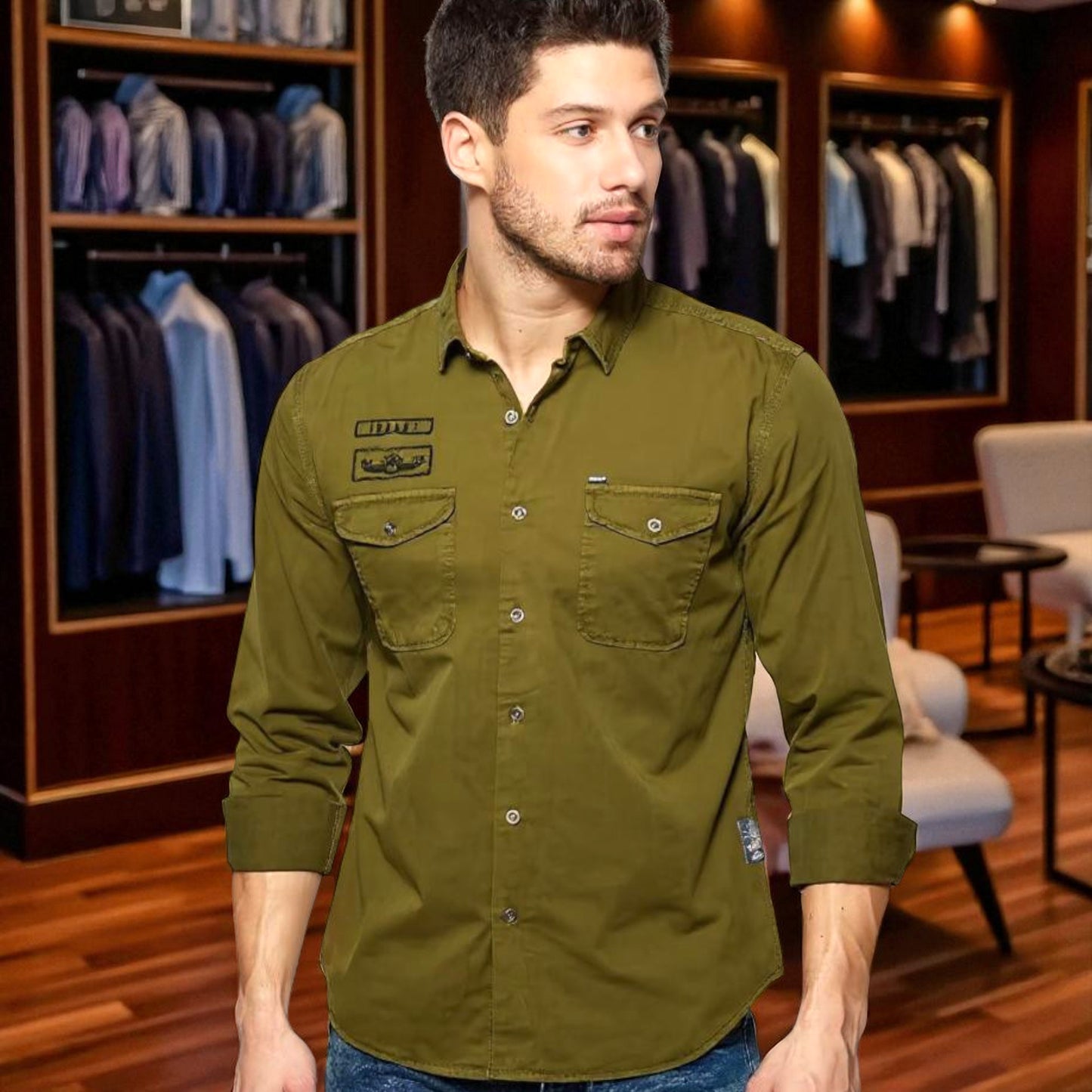Green Casual Shirt - Button Down Slim Fit Full Sleeve Shirt for Men