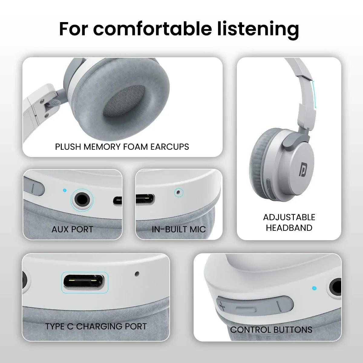White Foldable Bluetooth Headphone – Type C Earphone 40 Hours Playtime