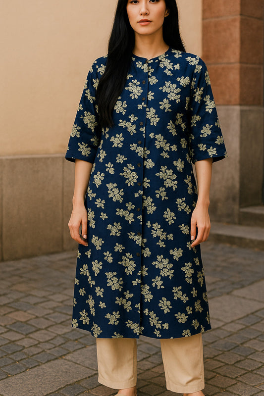 Blue Floral Design Kurta Plazo Set for Women – Cotton, L Size